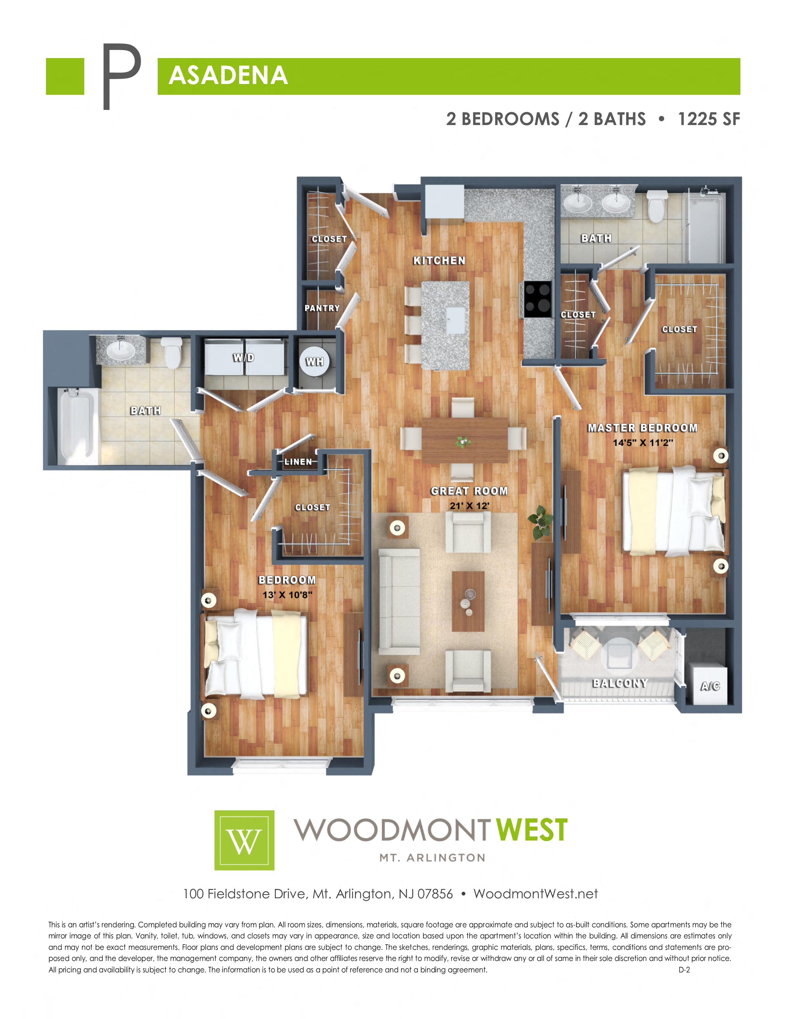 Floor plan for 2 beds, 2 baths, 1225 sqft
